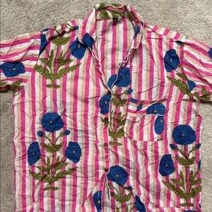 Striped Pink & White Pajama Set with Blue Floral Embroidery